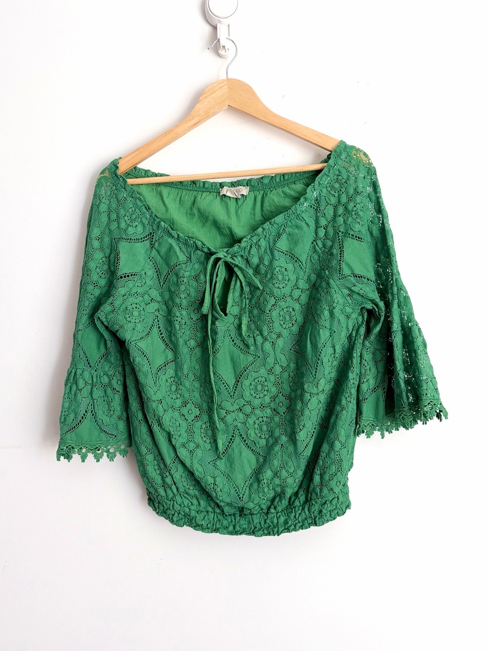 Astrid Green Cotton Lace Crochet Peasant Blouse Boho Romantic XS